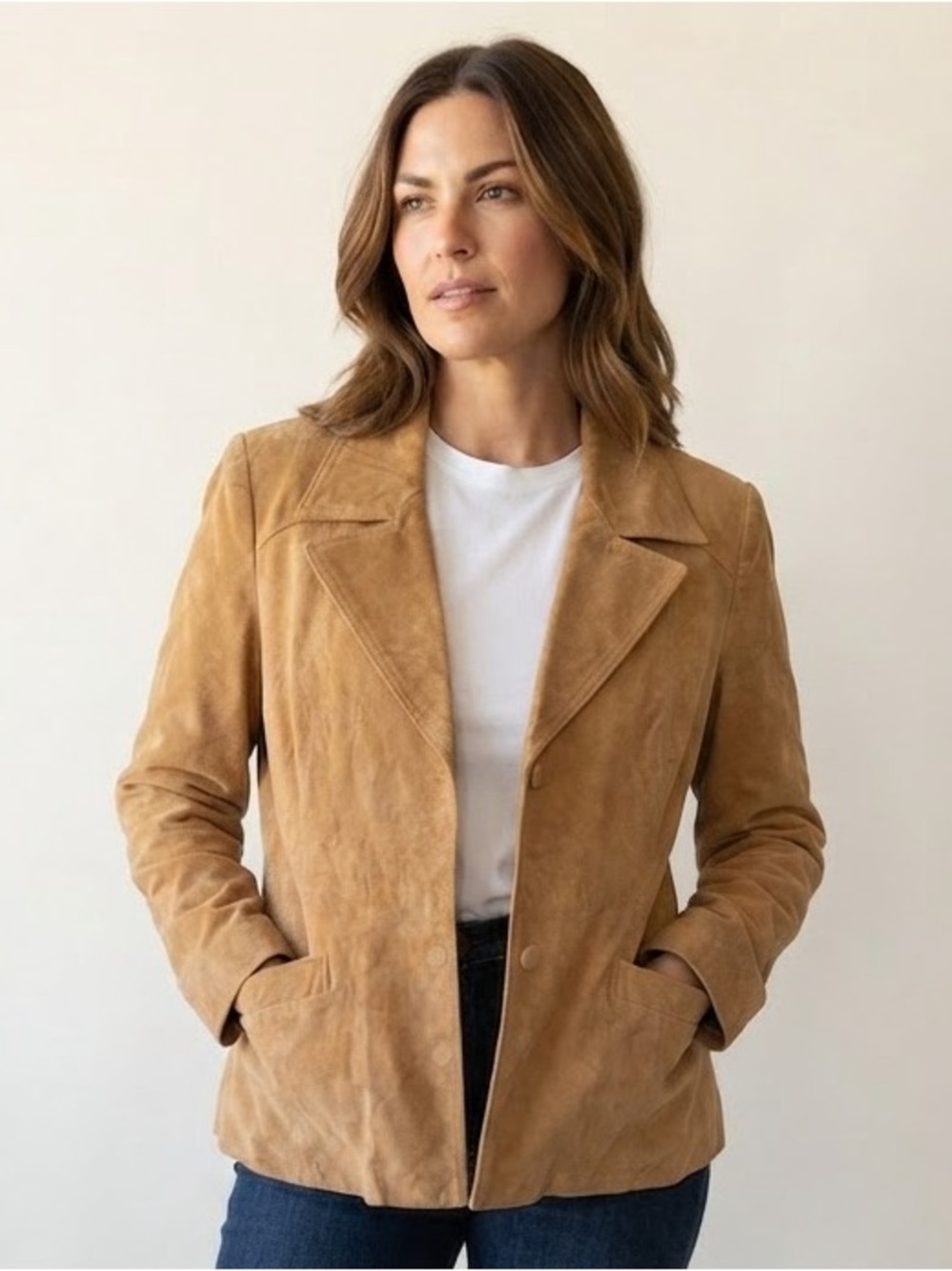 Reitmans Sz L Genuine Leather Brown Tan Snap Closure Jacket